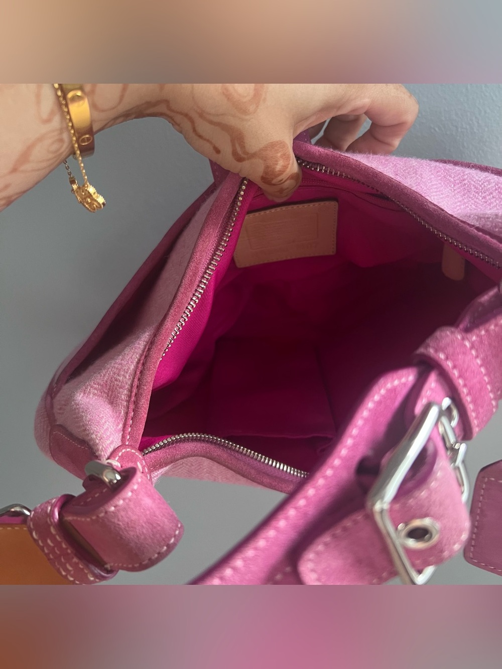 Vintage Coach Pink Herringbone Tweed Leather Hobo Handbag - Picture 4 of 9